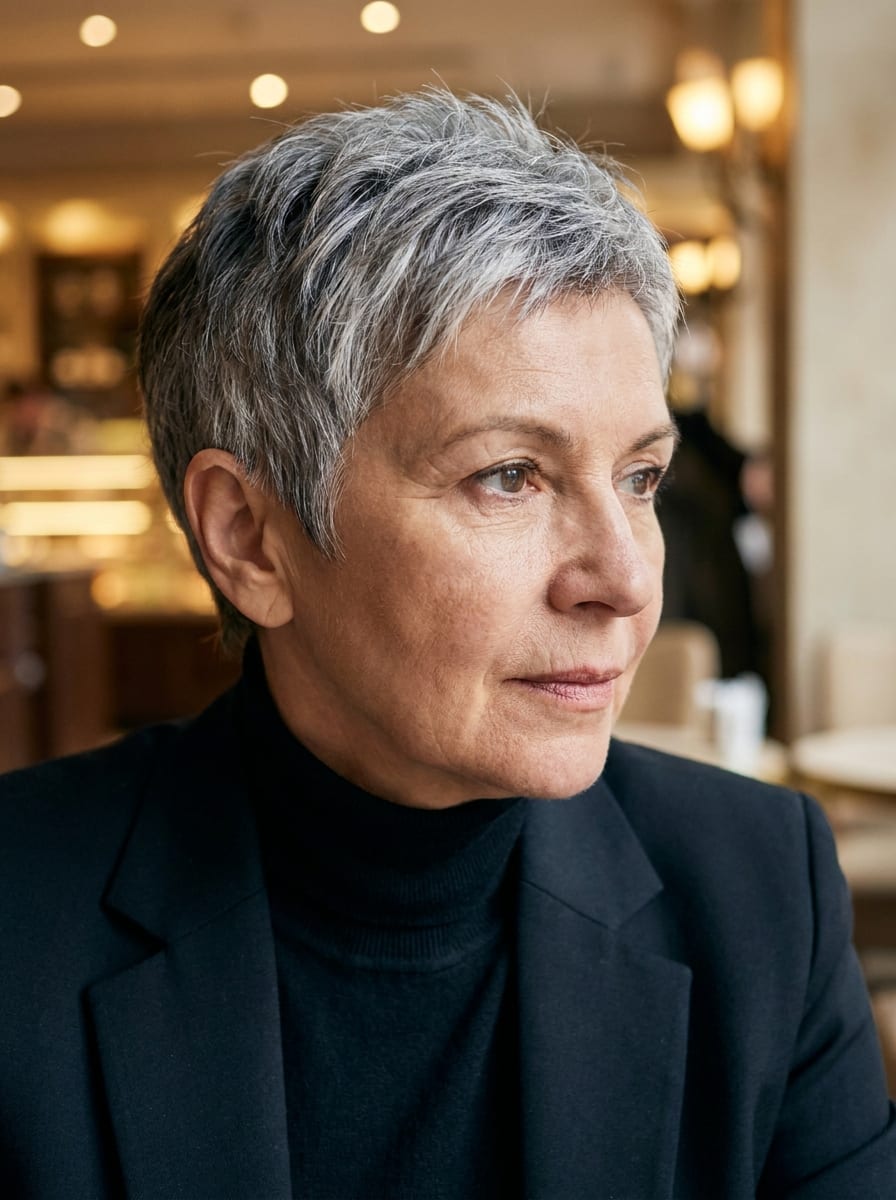 Moderner Pixie für graue Haare - Kurzhaarfrisur ab 60